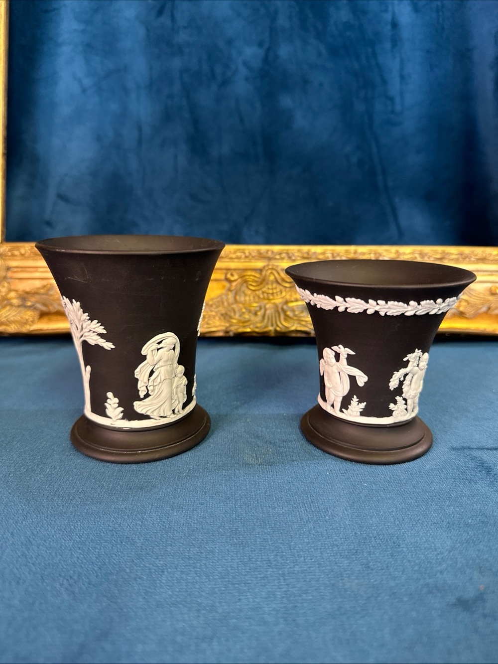 Pair Wedgwood Black White Jasperware Spill Vase Posy Pot Set Of 2 Vases 3-4”